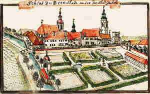 Schloss zu Bernstadt auser der Stadt zu sehen - Zamek, widok oglny od strony miasta